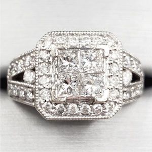 14k Solid White Gold Genuine Princess & Round Diamond Cluster Statement Ring